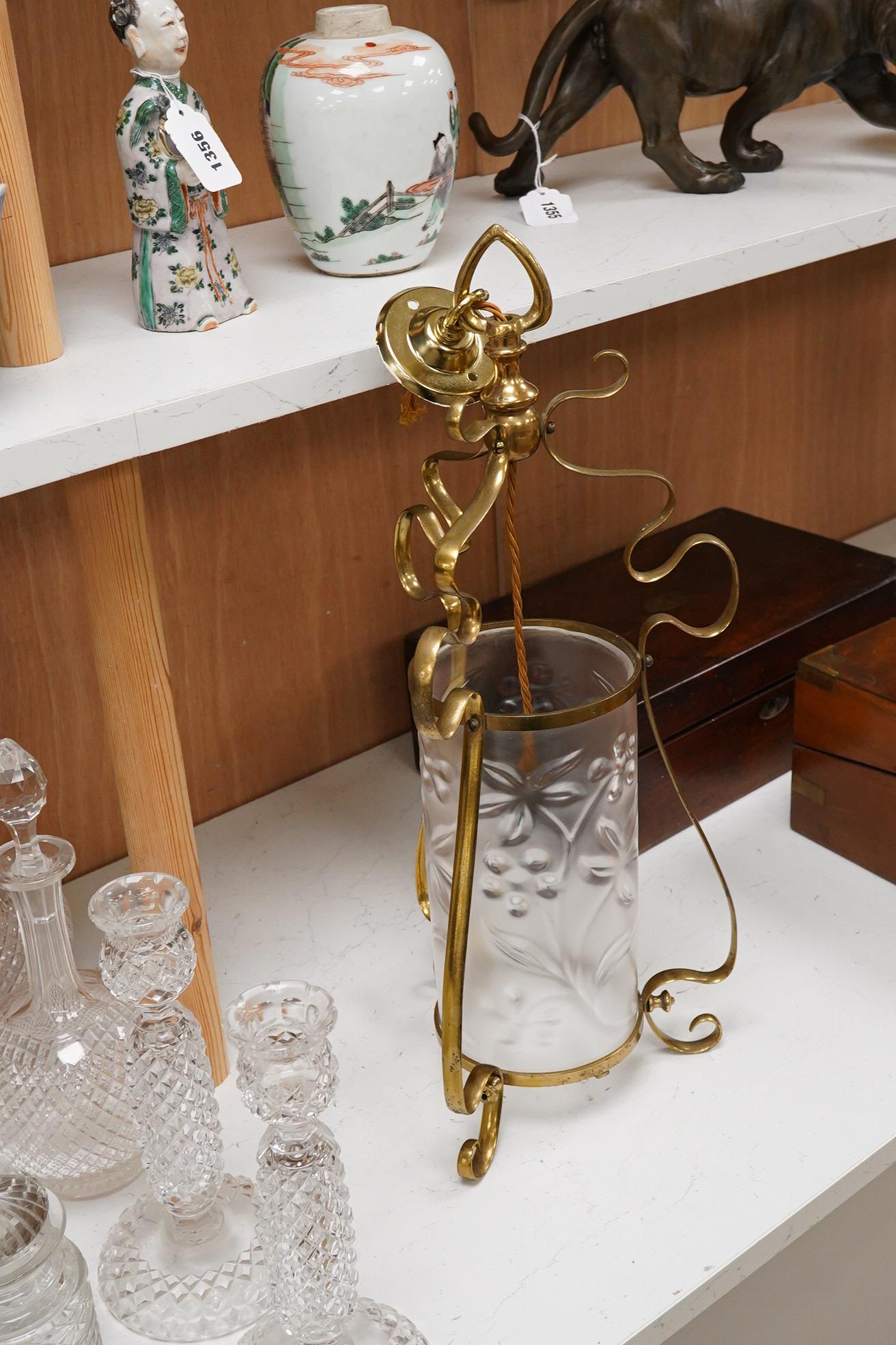 An Art Nouveau frosted glass and a brass hanging lamp, 54cm